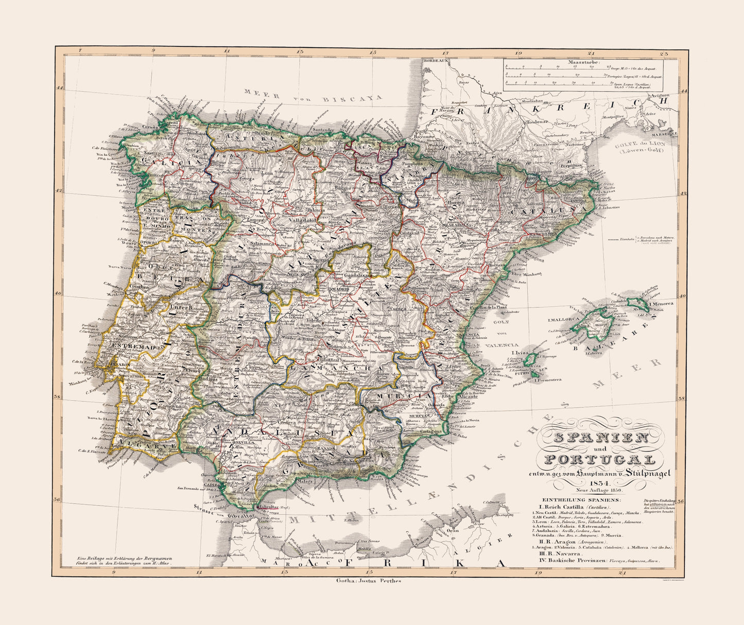 Historic Map - Spain Portugal - Perthes 1834 - 23 x 27.37 - Vintage Wall Art