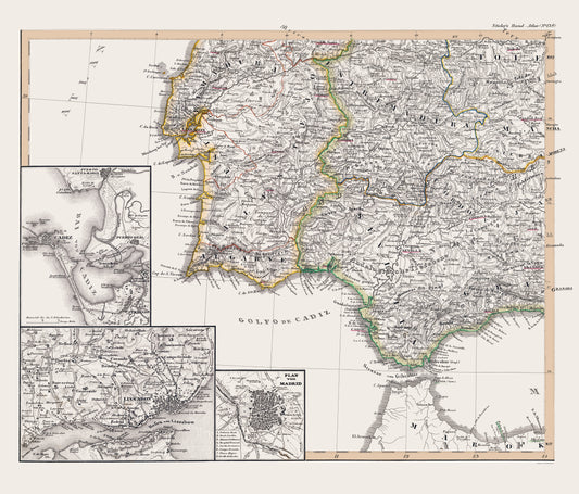 Historic Map - Spain Portugal Southwest - Perthes 1850 - 23 x 26 - Vintage Wall Art