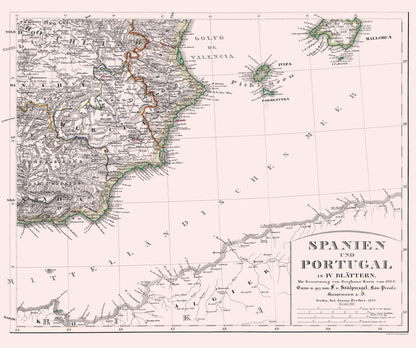 Historic Map - Spain Portugal Southeast - Perthes 1850 - 23 x 27.52 - Vintage Wall Art