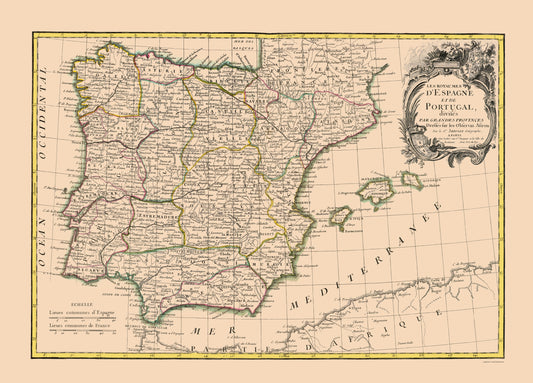 Historic Map - Spain Portugal - Lattre 1760 - 23 x 32.00 - Vintage Wall Art