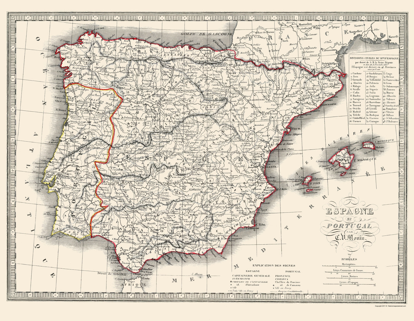 Historic Map - Spain Portugal - Monin 1839 - 23 x 29 - Vintage Wall Art