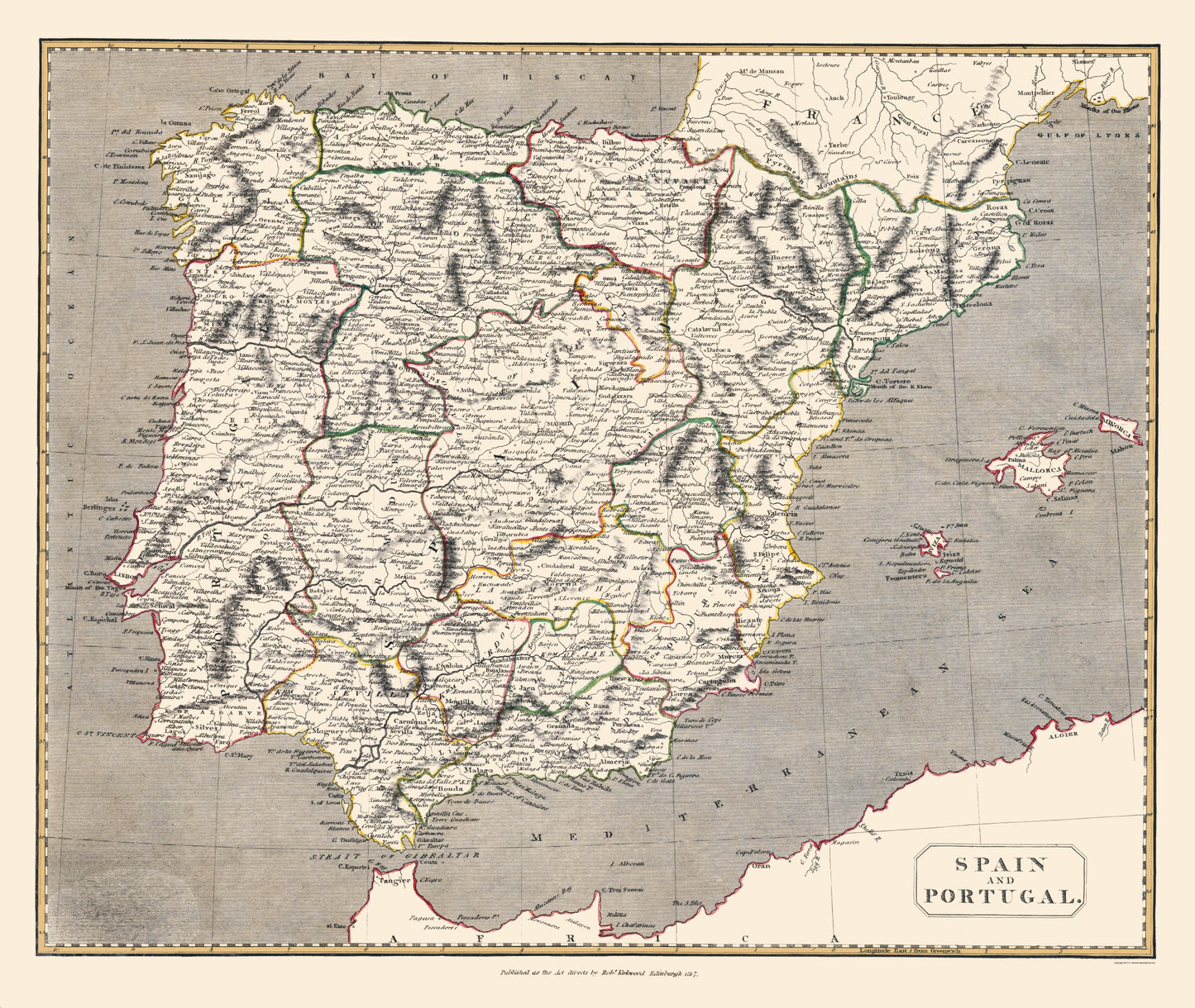 Historic Map - Spain Portugal - Kirkwood 1817 - 23 x 27.23 - Vintage Wall Art