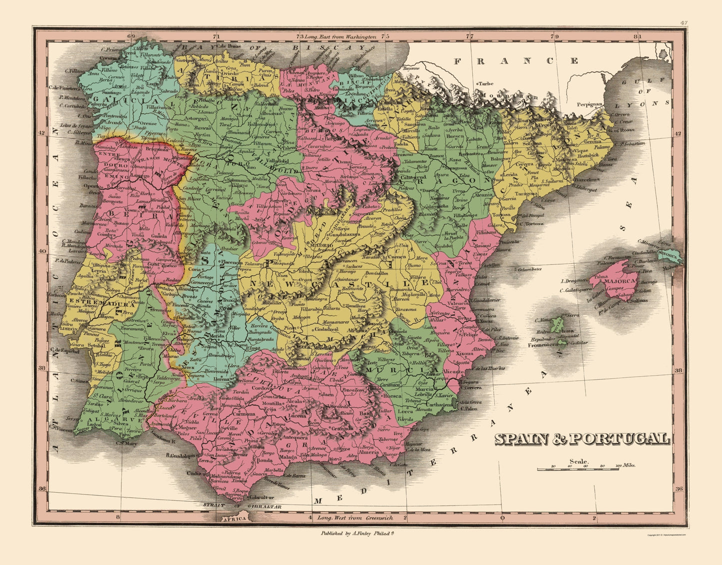 Historic Map - Spain Portugal - Finley 1832 - 23 x 29.39 - Vintage Wall Art