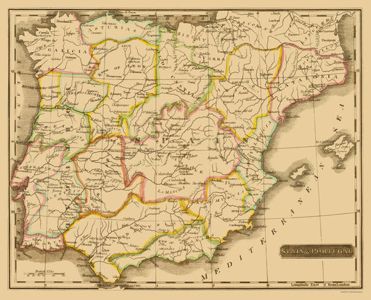 Historic Map - Spain Portugal - Carey 1825 - 23 x 28.43 - Vintage Wall Art