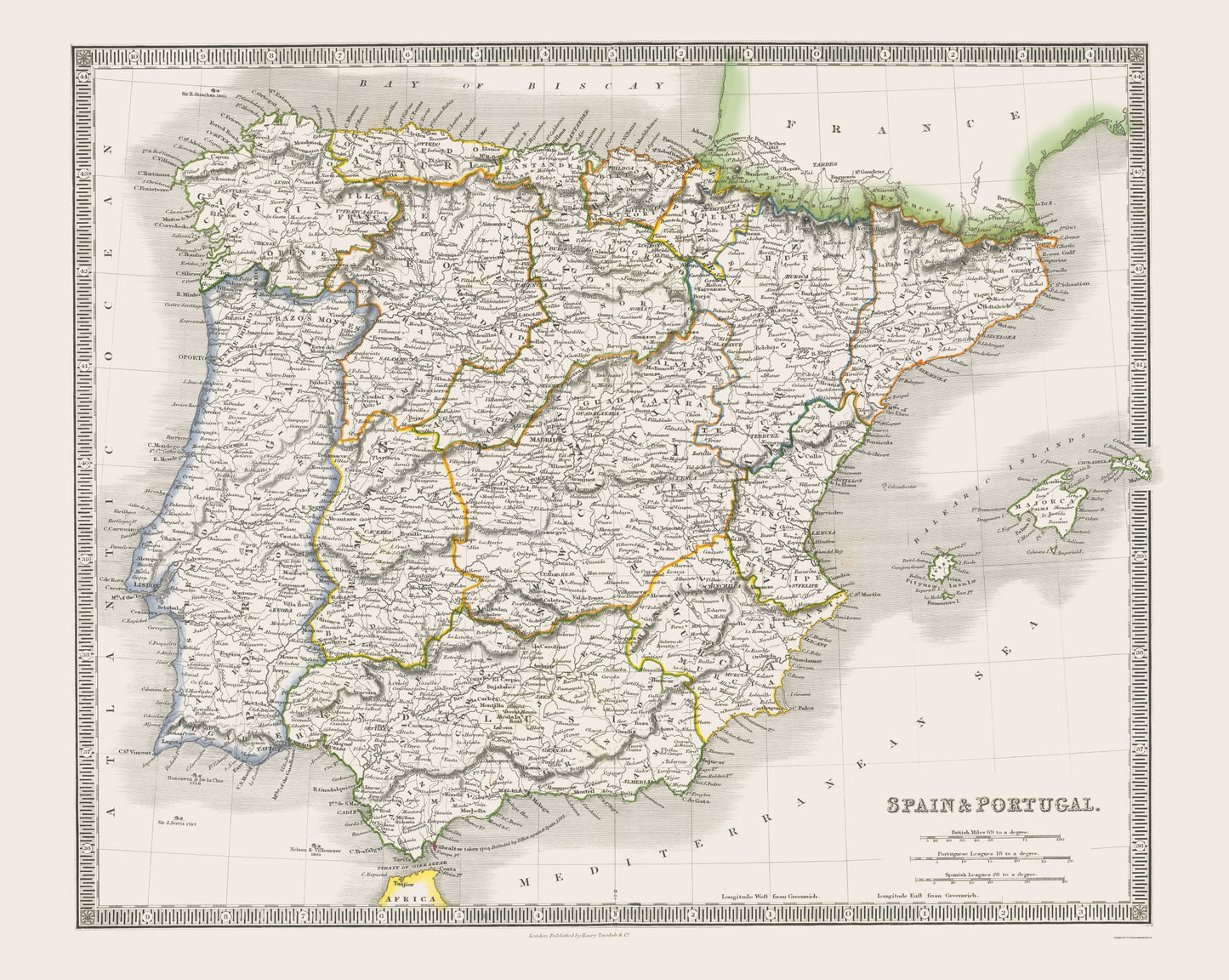 Historic Map - Spain Portugal - Dower 1844 - 23 x 28.84 - Vintage Wall Art