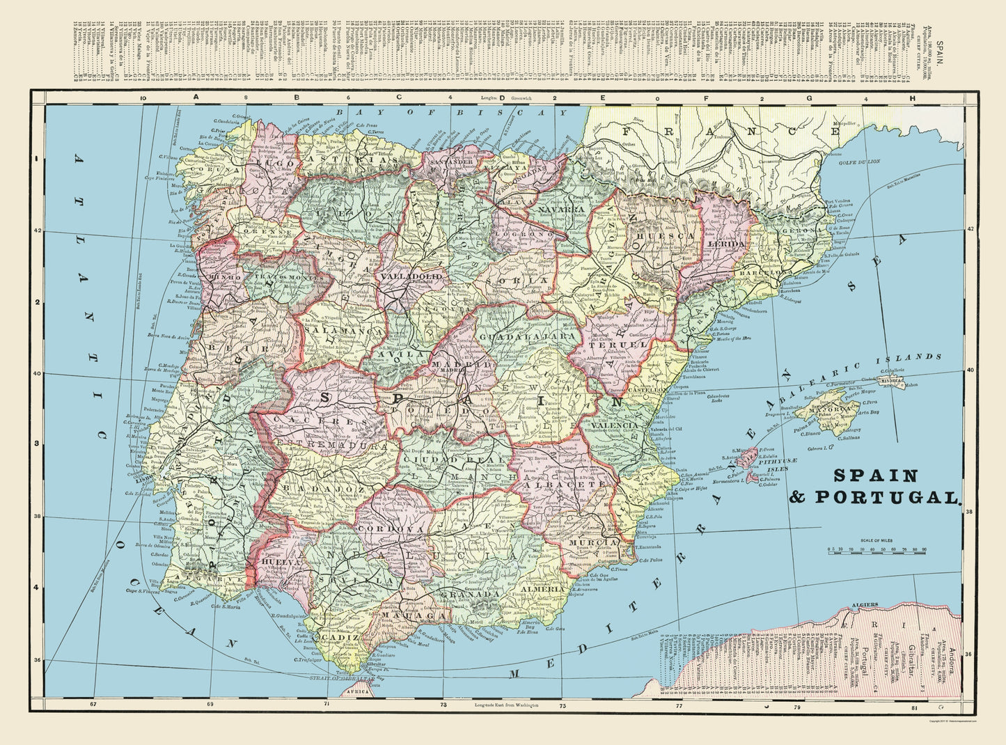 Historic Map - Spain Portugal - Cram 1901 - 23 x 31.06 - Vintage Wall Art
