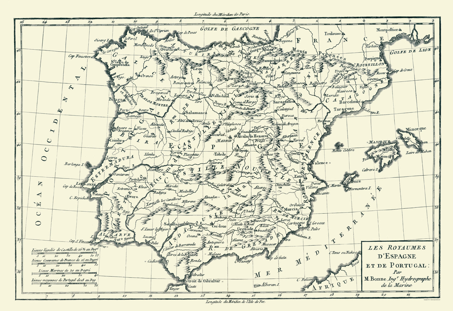 Historic Map - Spain Portugal - Bonne 1780 - 23 x 33.46 - Vintage Wall Art