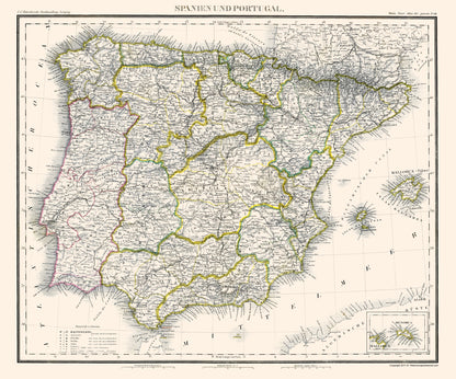 Historic Map - Spain Portugal - Stein 1854 - 23 x 27 - Vintage Wall Art