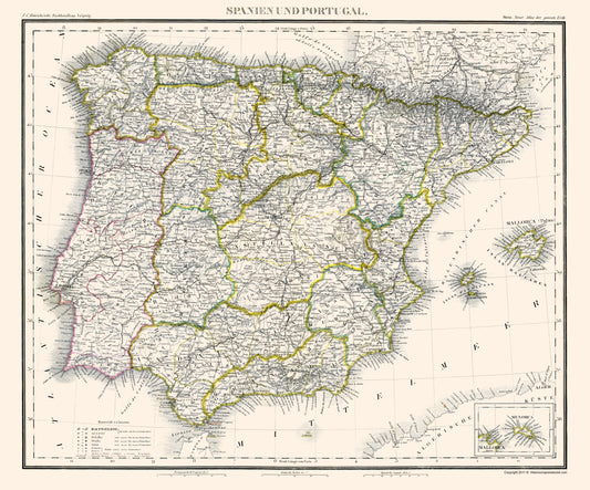 Historic Map - Spain Portugal - Stein 1854 - 23 x 27 - Vintage Wall Art