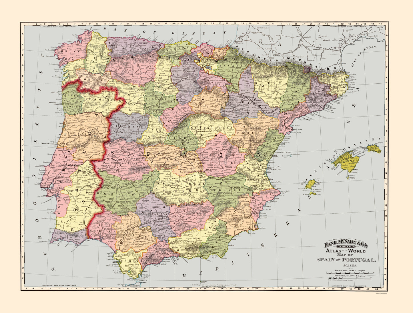 Historic Map - Spain Portugal - Rand McNally 1897 - 23 x 30.33 - Vintage Wall Art