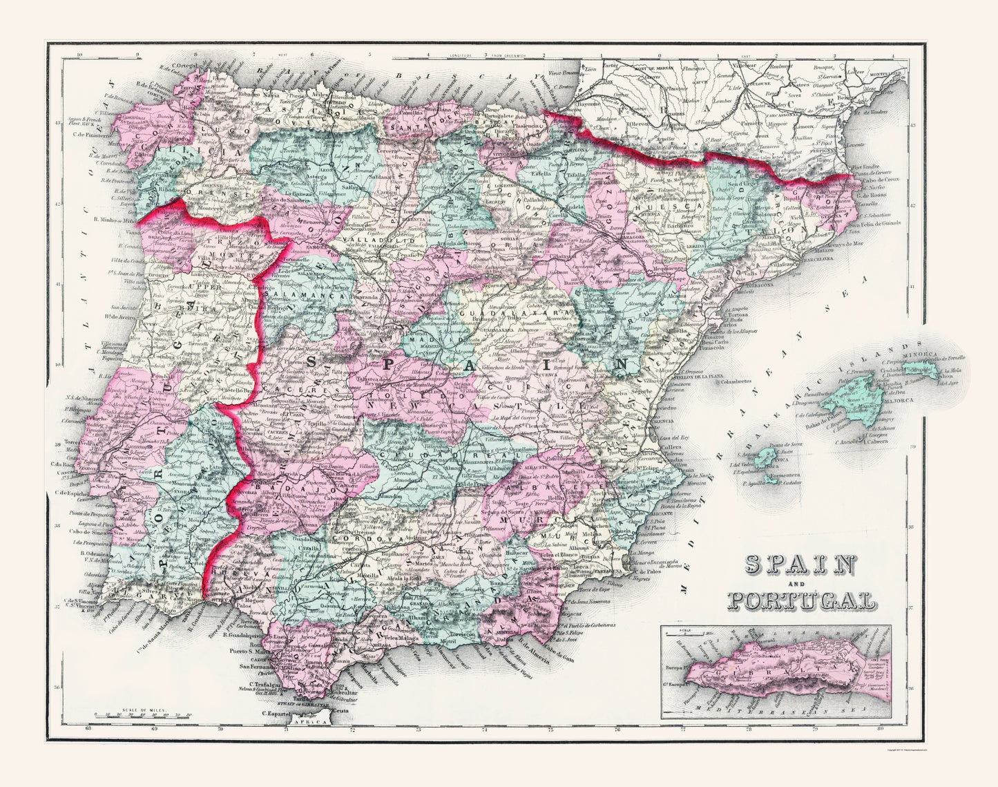 Historic Map - Spain Portugal - Gray 1878 - 23 x 29.19 - Vintage Wall Art
