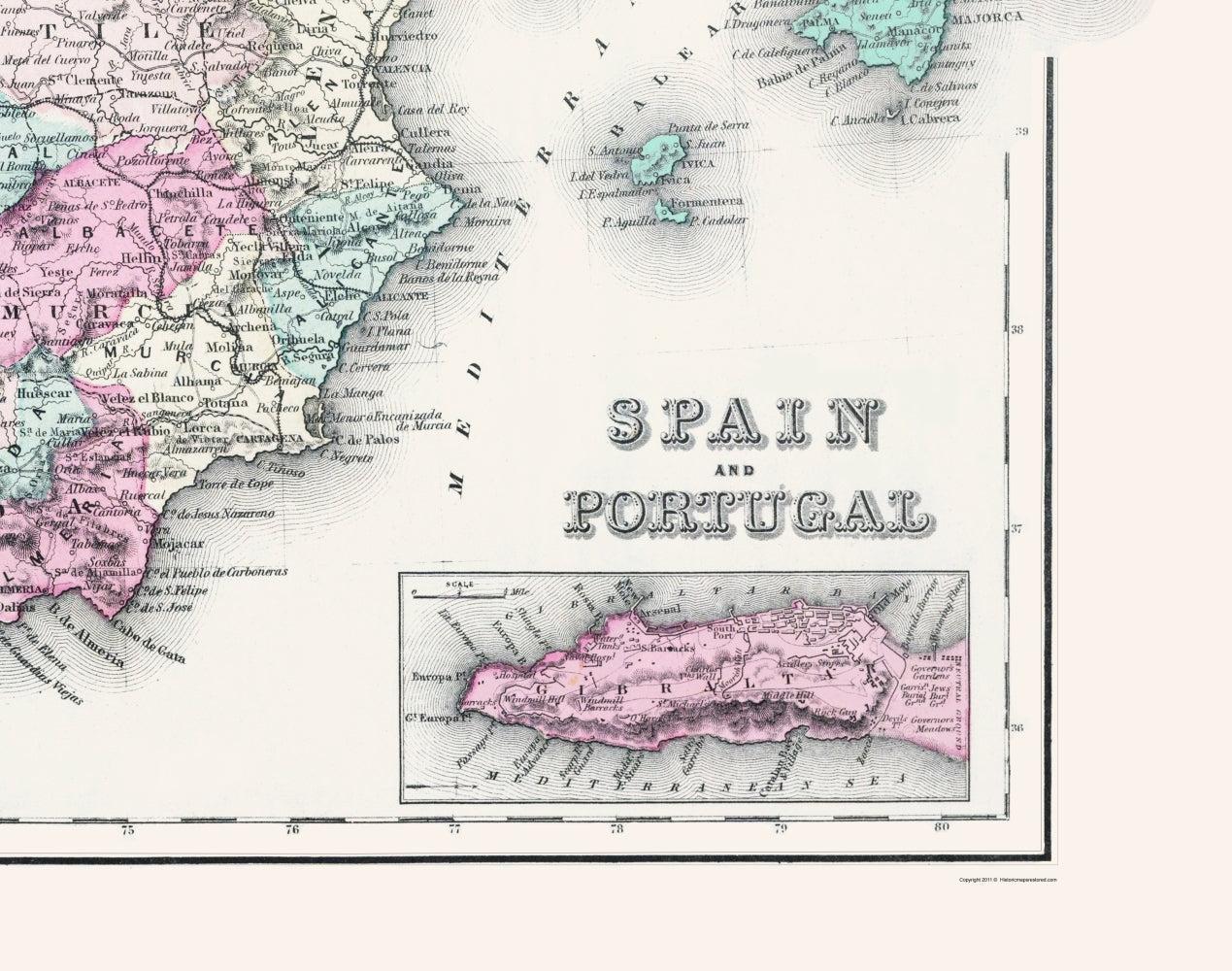 Historic Map - Spain Portugal - Gray 1878 - 23 x 29.19 - Vintage Wall Art