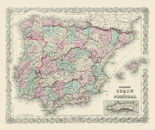 Historic Map - Spain Portugal - Colton 1874 - 23 x 27.43 - Vintage Wall Art