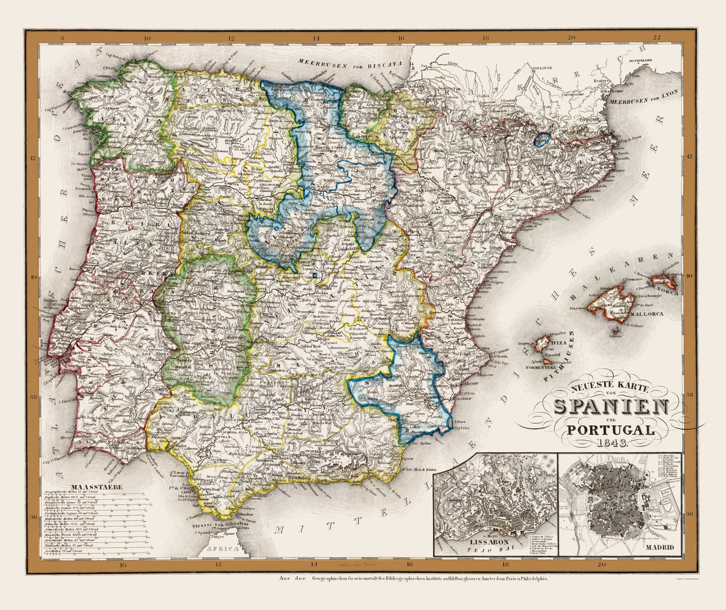 Historic Map - Spain Portugal - Meyer 1843 - 23 x 27 - Vintage Wall Art