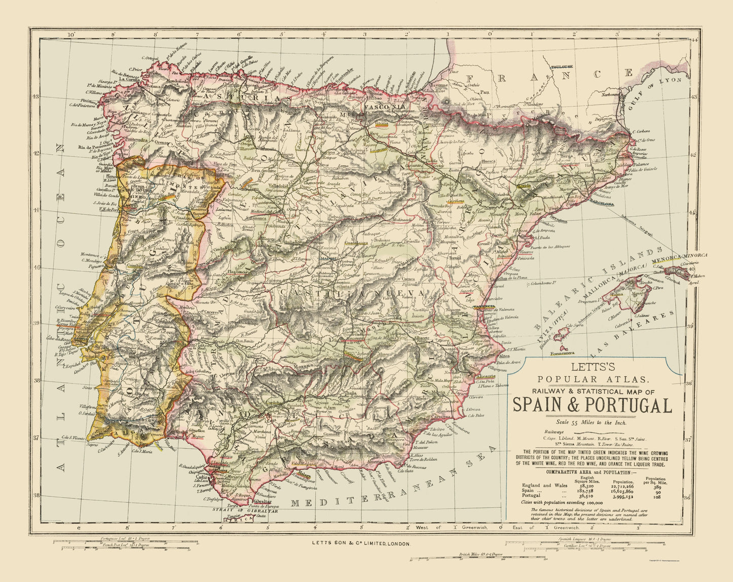 Historic Map - Spain Portugal - Letts 1883 - 23 x 28.96 - Vintage Wall Art