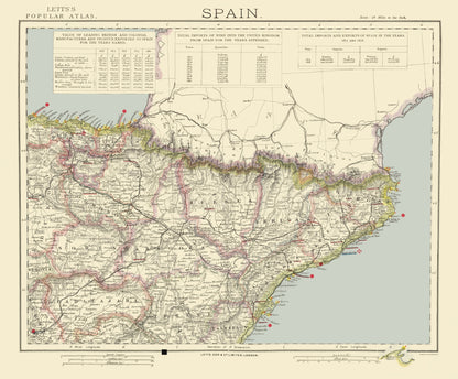 Historic Map - Spain Northeast - Letts 1883 - 23 x 27.84 - Vintage Wall Art