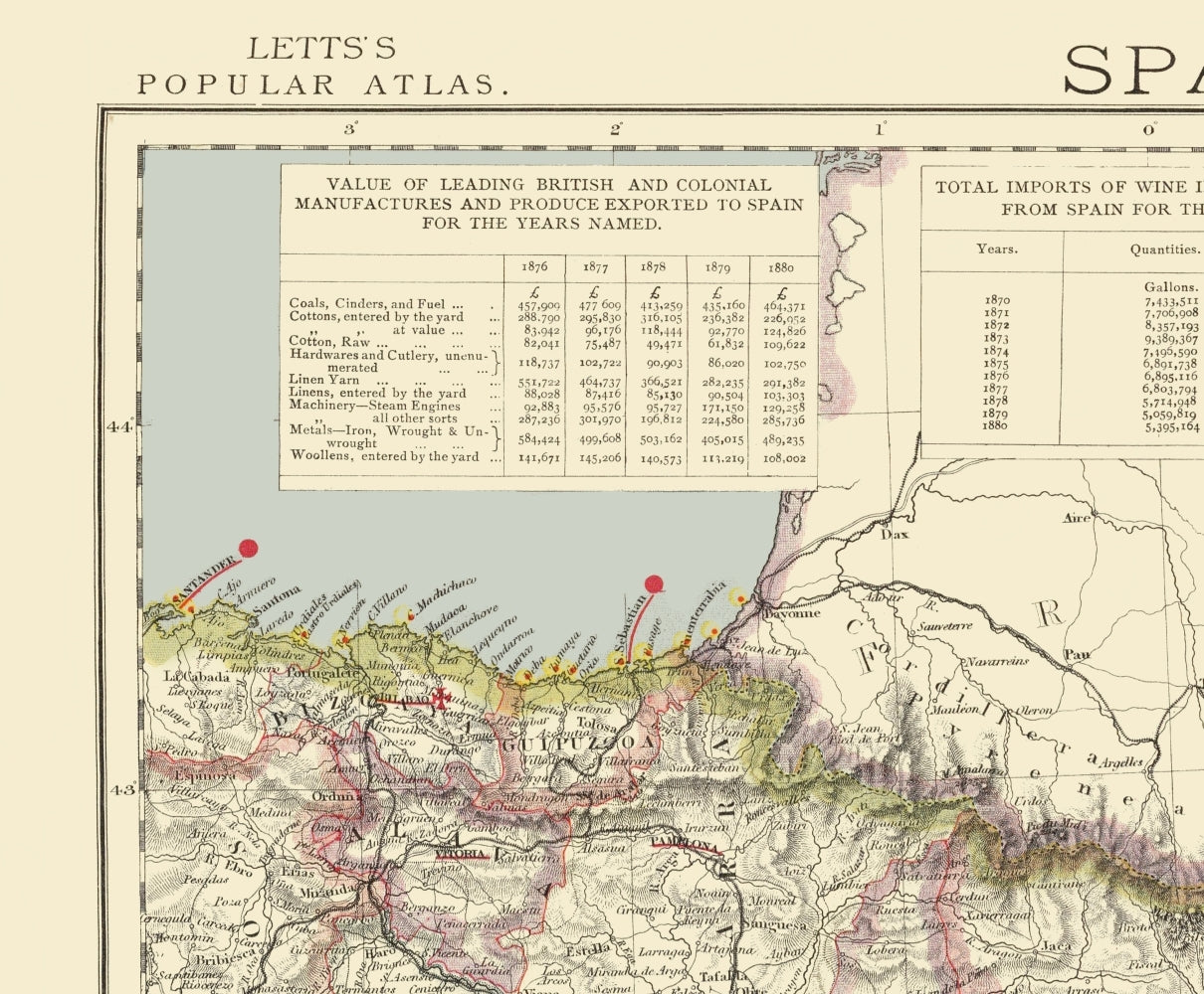 Historic Map - Spain Northeast - Letts 1883 - 23 x 27.84 - Vintage Wall Art