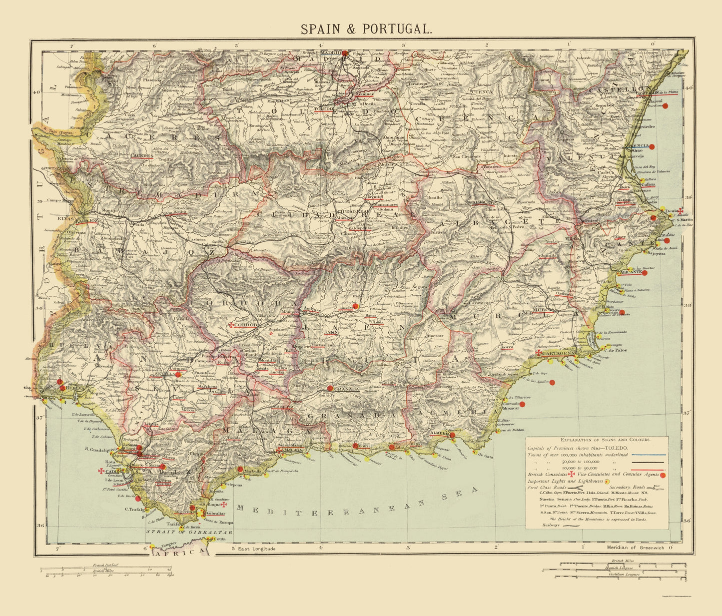 Historic Map - Spain Portugal Southeast - Letts 1883 - 23 x 26.95 - Vintage Wall Art