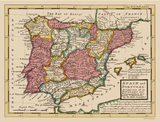 Historic Map - Spain Portugal - Moll 1736 - 23 x 30.18 - Vintage Wall Art