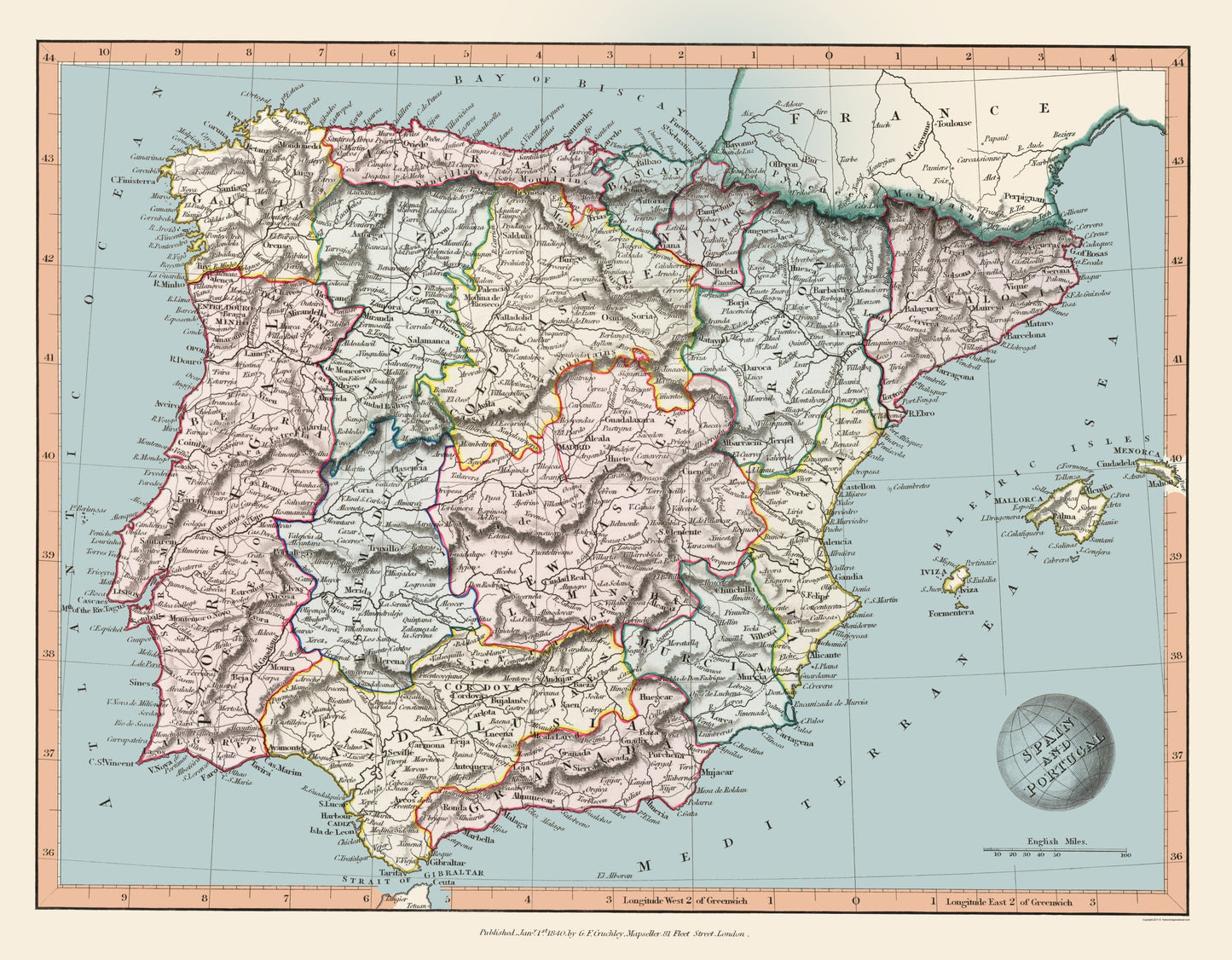 Historic Map - Spain Portugal - Arrowsmith 1840 - 23 x 29.51 - Vintage Wall Art