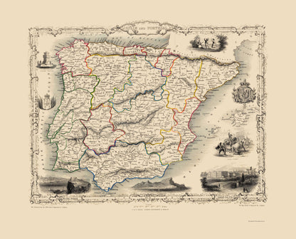 Historic Map - Spain Portugal - Tallis 1851 - 23 x 28.45 - Vintage Wall Art