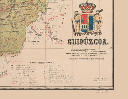 Historic Map - Guipuzcoa Spain - Martin 1911 - 29.50 x 23 - Vintage Wall Art