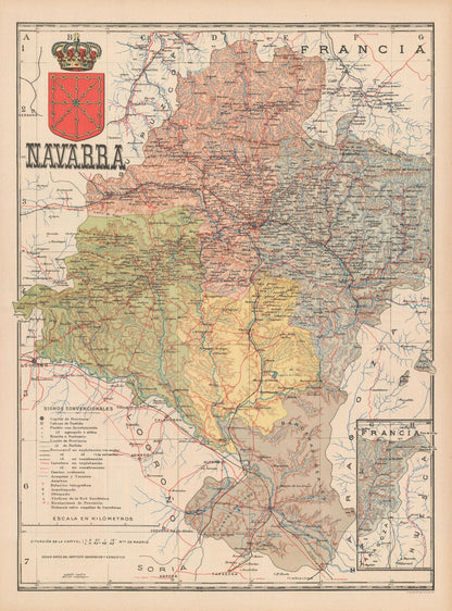 Historic Map - Navarre France Spain - Martin 1902 - 23 x 31.05 - Vintage Wall Art