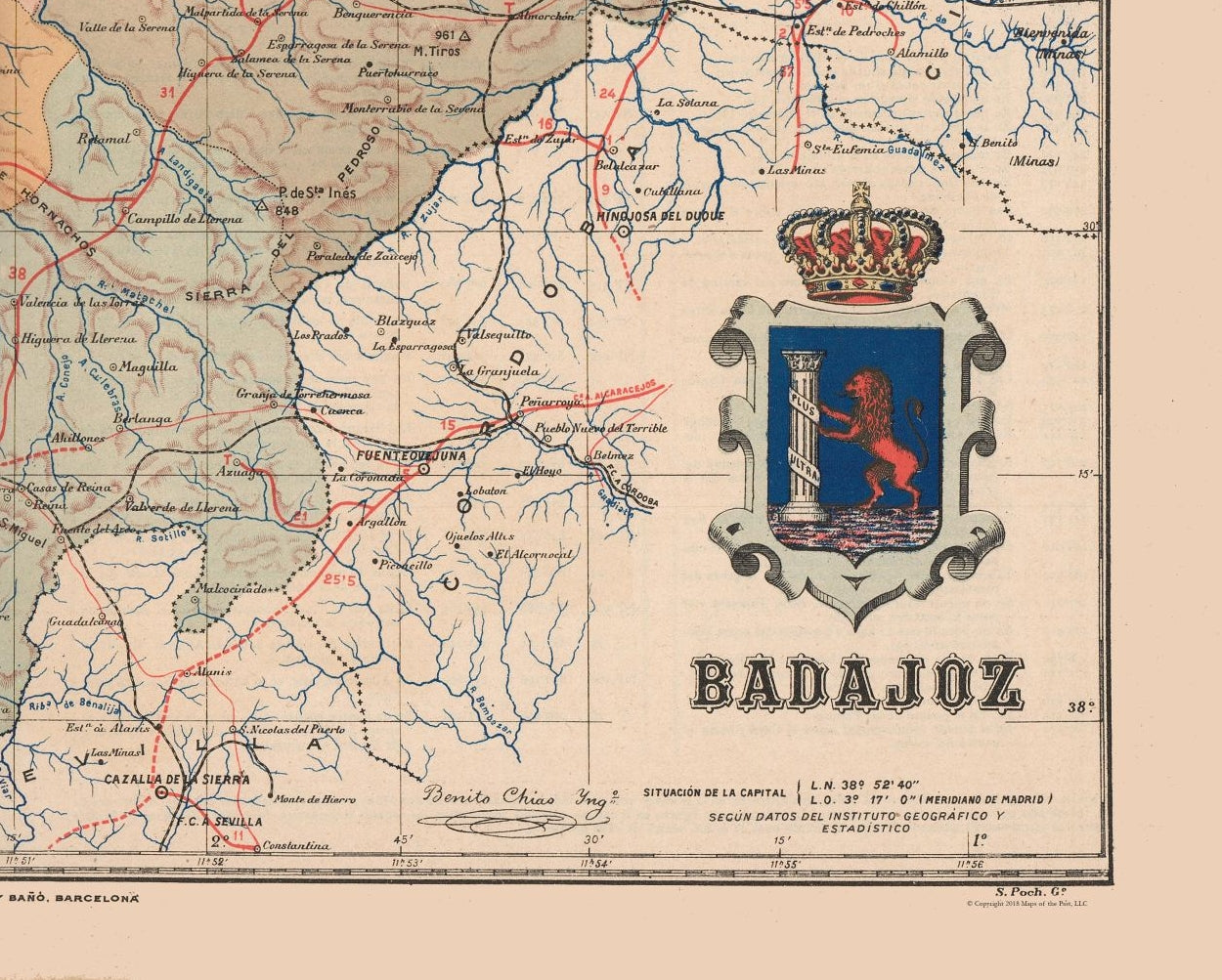 Historic Map - Badajoz Spain - Martin 1911 - 28.65 x 23 - Vintage Wall Art