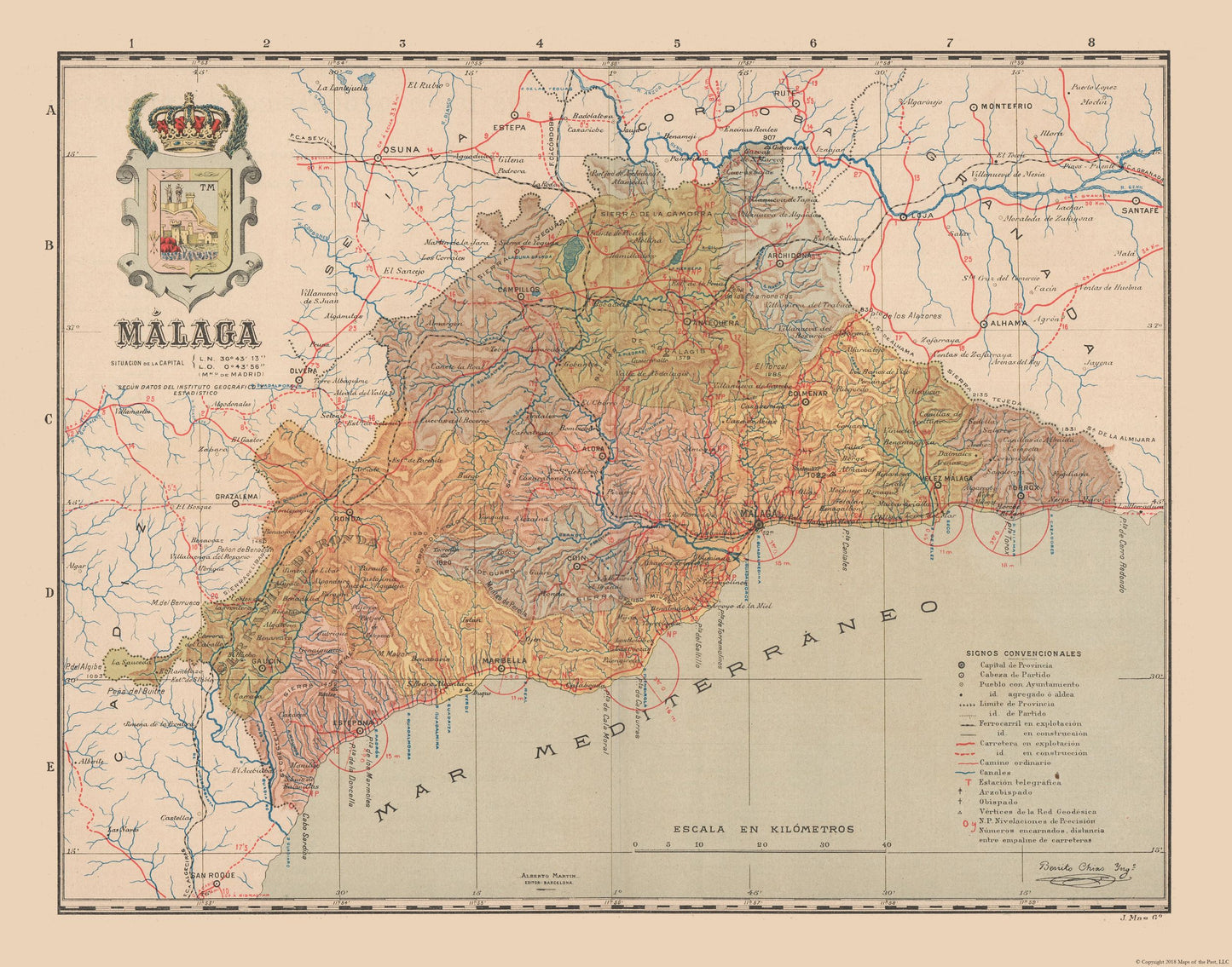 Historic Map - Malaga Spain - Martin 1911 - 29.28 x 23 - Vintage Wall Art