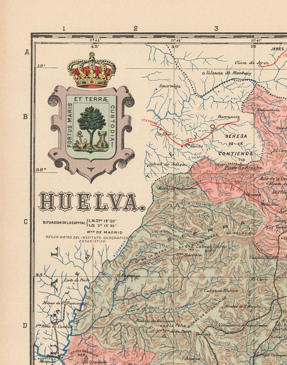 Historic Map - Huelva Spain - Martin 1911 - 23 x 29.21 - Vintage Wall Art