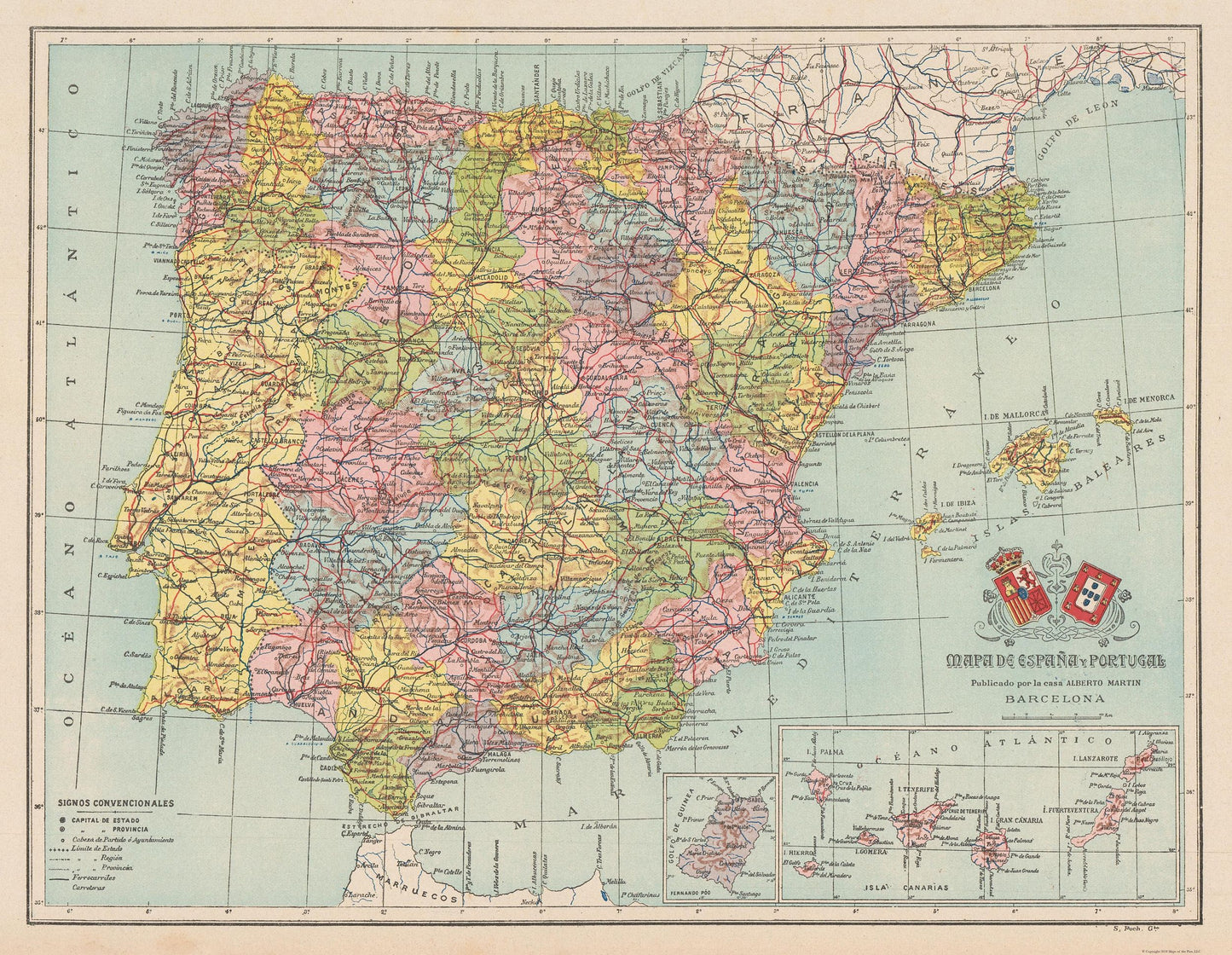 Historic Map - Spain Portugal - Martin 1911 - 29.69 x 23 - Vintage Wall Art