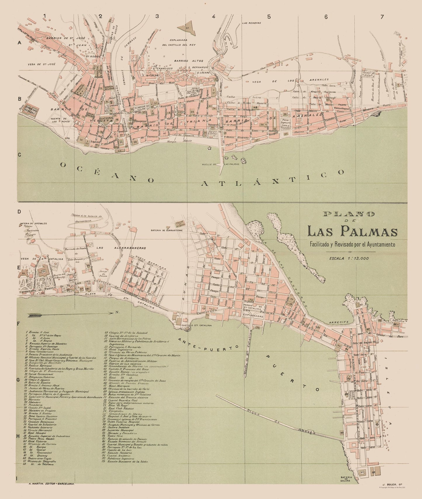 Historic Map - Las Palmas Spain - Martin 1911 - 23 x 27.23 - Vintage Wall Art