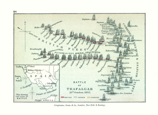 Historic War Map - Cape Trafalgar Spain 1805 Battle - Gardiner 1902 - 23 x 38.74 - Vintage Wall Art
