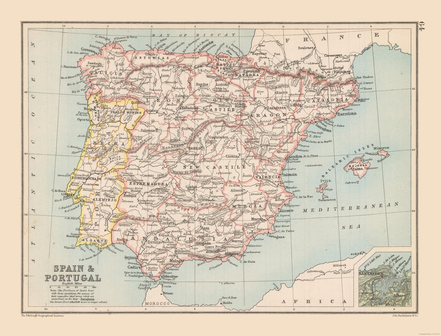 Historic Map - Spain Portugal - Bartholomew 1892 - 30.13 x 23 - Vintage Wall Art