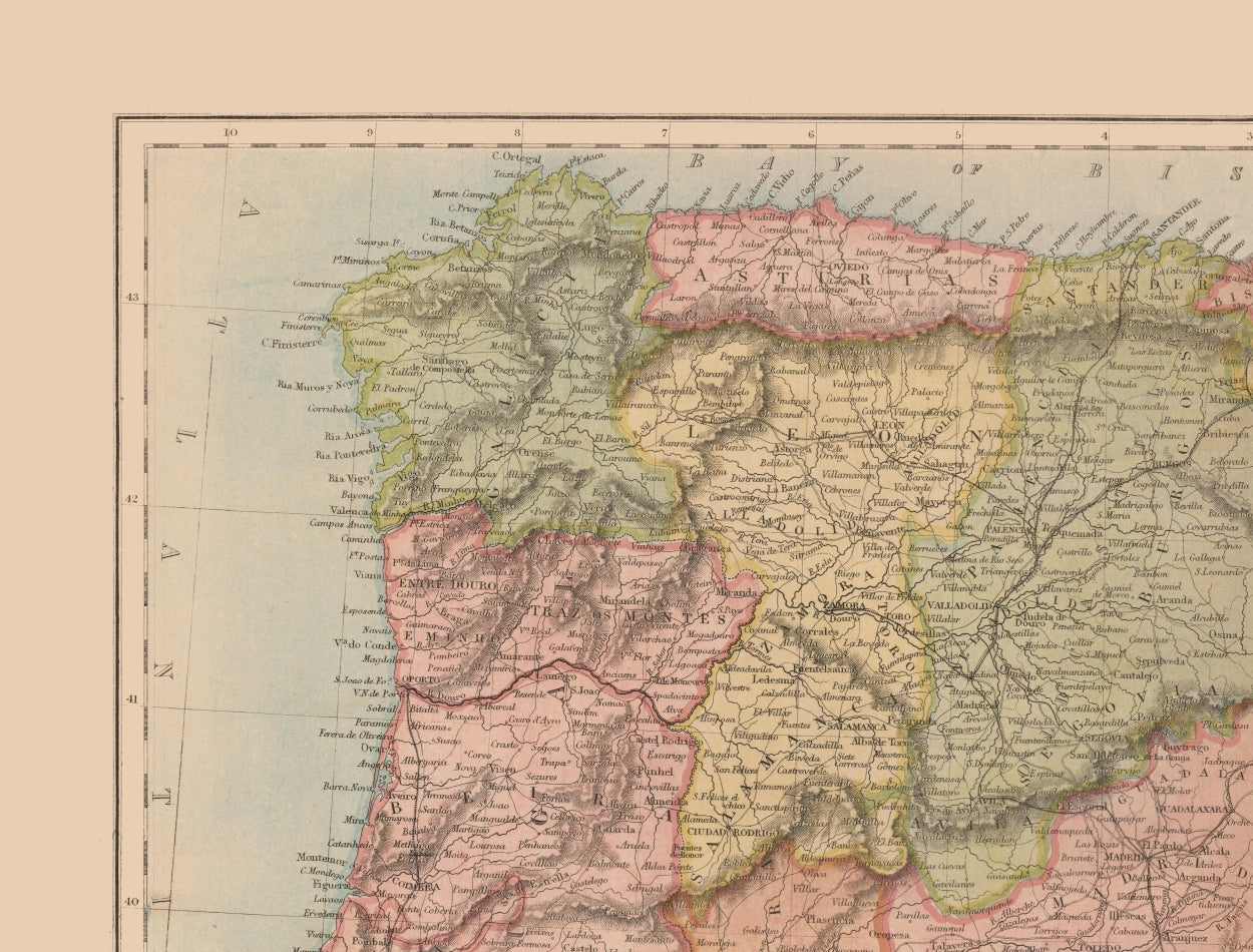 Historic Map - Spain Portugal - Black 1867 - 30.25 x 23 - Vintage Wall Art