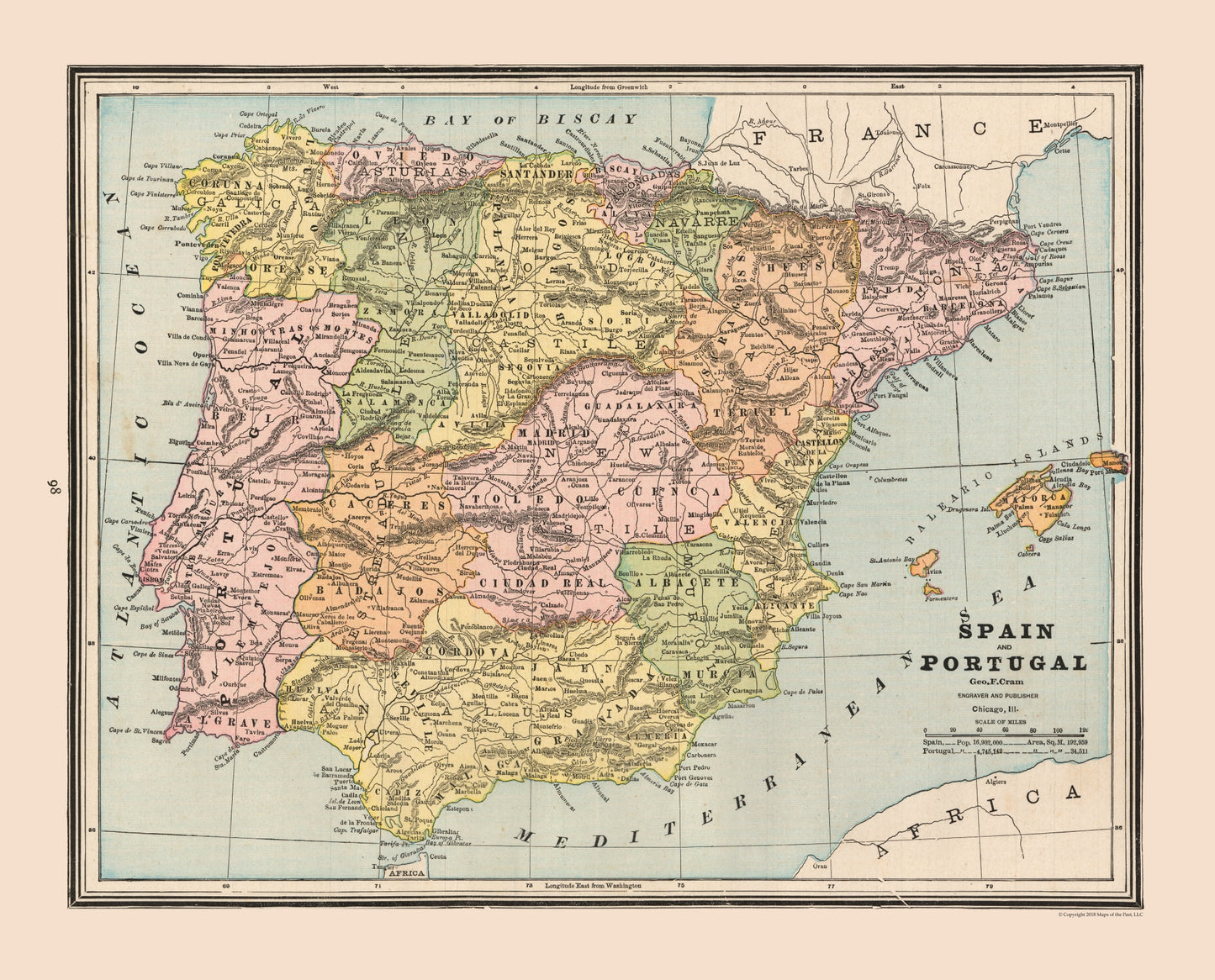 Historic Map - Spain Portugal - Cram 1888 - 28.50 x 23 - Vintage Wall Art