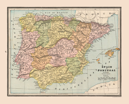 Historic Map - Spain Portugal - Cram 1888 - 28.50 x 23 - Vintage Wall Art
