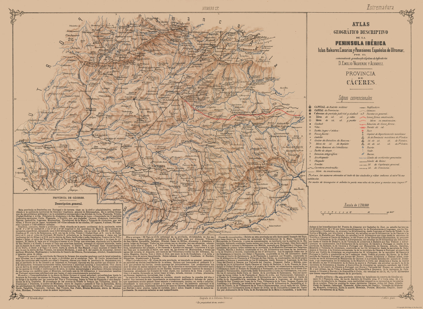 Historic Map - Caceres Province Spain - Valverde 1880 - 31.50 x 23 - Vintage Wall Art