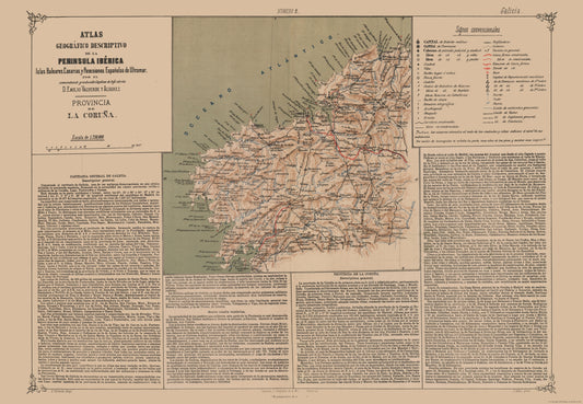 Historic Map - La Coruna Province Spain - Valverde 1880 - 33.23 x 23 - Vintage Wall Art