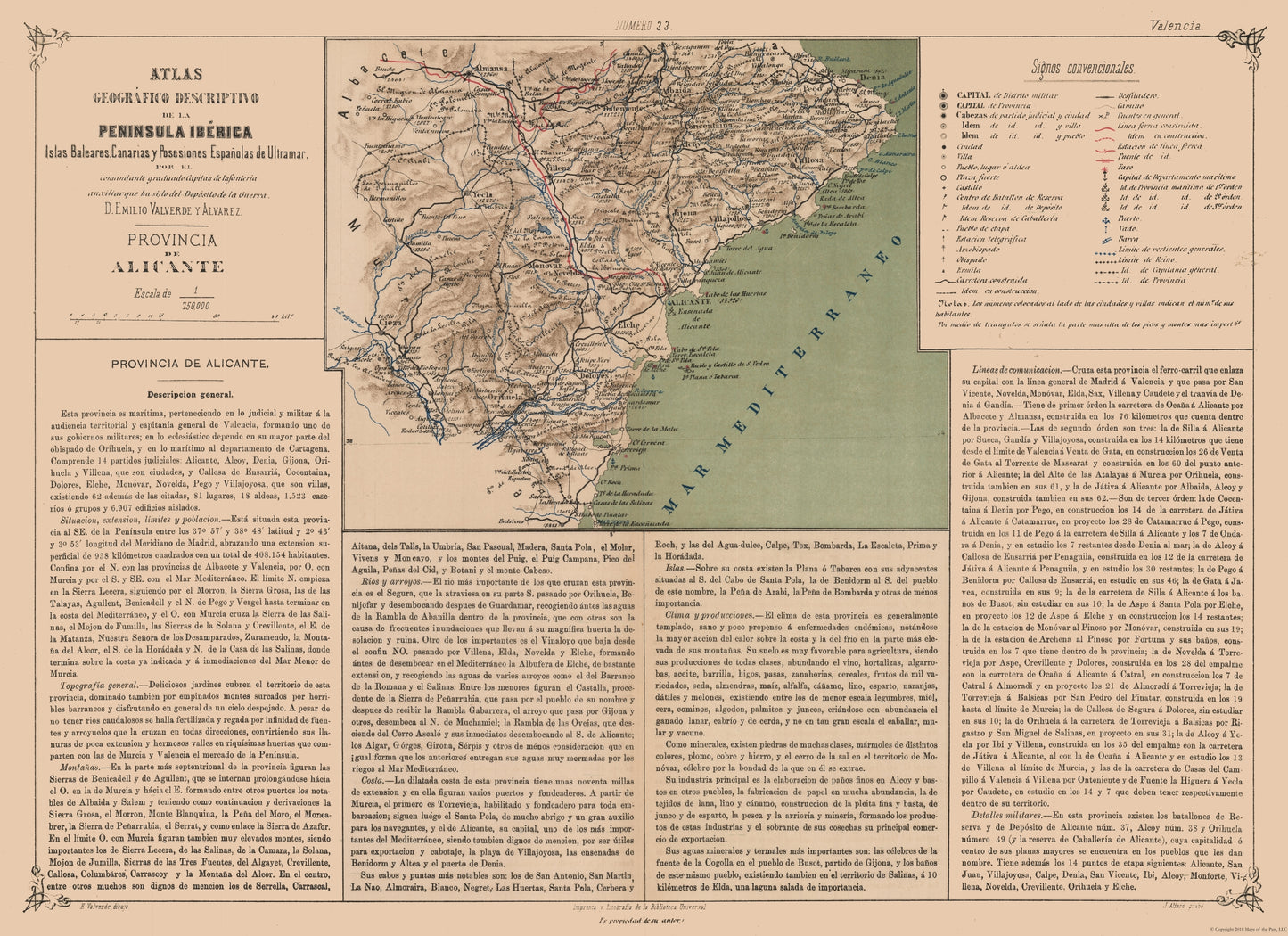 Historic Map - Alicante Province Spain - Valverde 1880 - 31.66 x 23 - Vintage Wall Art