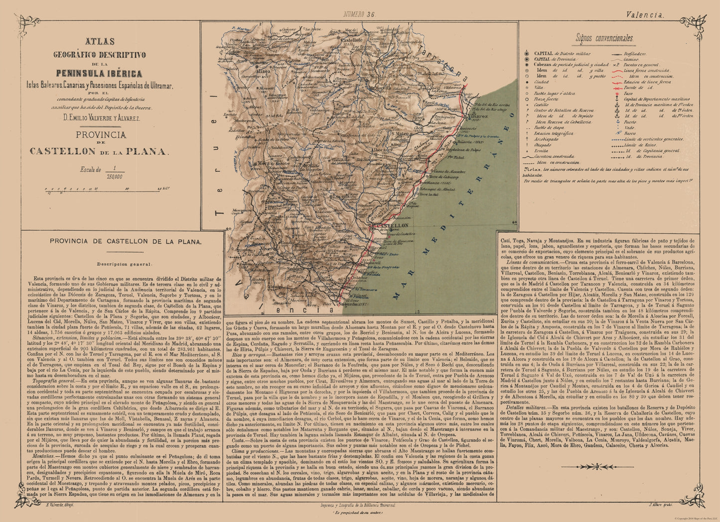 Historic Map - Castellon de la Plana Province Spain - Valverde 1880 - 31.68 x 23 - Vintage Wall Art