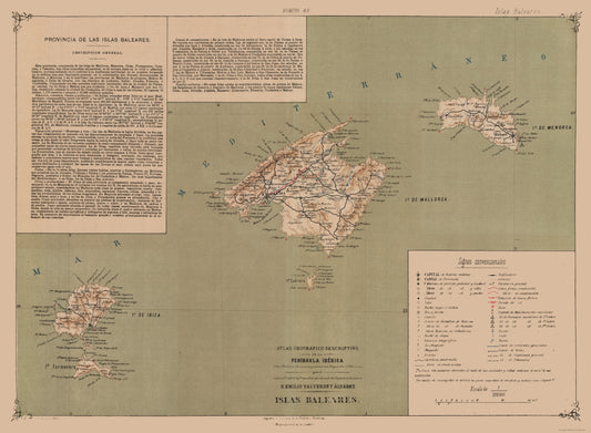 Historic Map - Balearic Islands Spain - Valverde 1880 - 31.35 x 23 - Vintage Wall Art