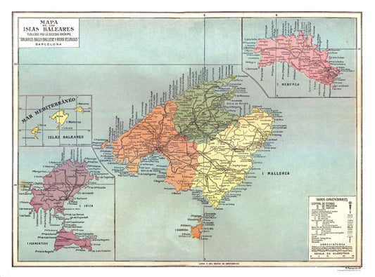 Historic Map - Balearic Islands Spain - Pompido 1913 - 31.16 x 23 - Vintage Wall Art