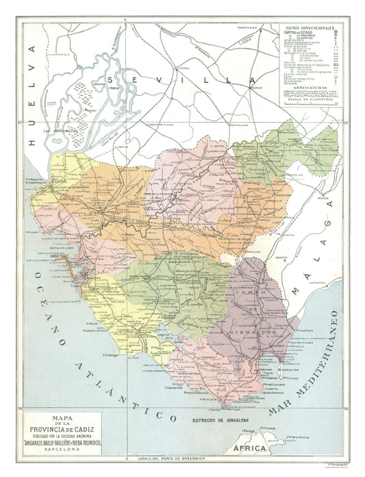 Historic Map - Cadiz Province Spain - Pompido 1913 - 23 x 30.03 - Vintage Wall Art