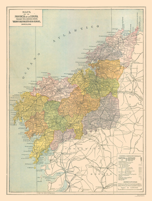 Historic Map - La Coruna Province Spain - Pompido 1913 - 23 x 30.35 - Vintage Wall Art