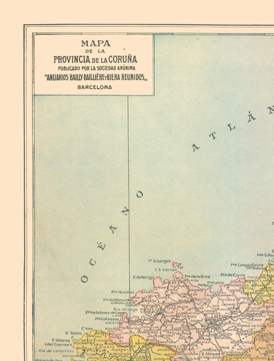 Historic Map - La Coruna Province Spain - Pompido 1913 - 23 x 30.35 - Vintage Wall Art