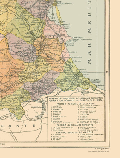 Historic Map - Valencia Province Spain - Pompido 1913 - 23 x 30.23 - Vintage Wall Art