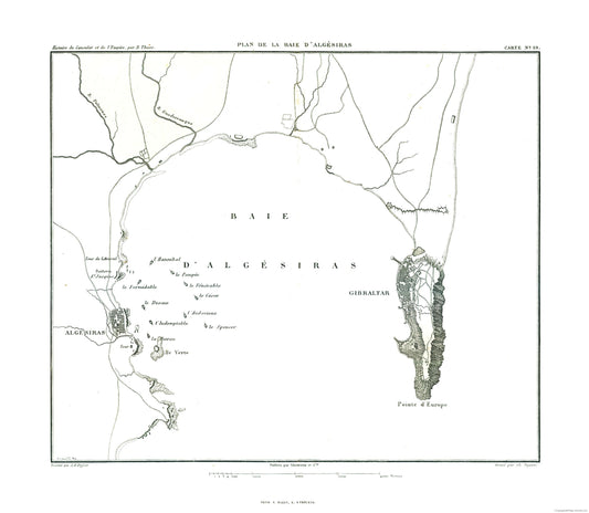 Historic Nautical Map - Gibraltar Bay Spain - Thiers 1866 - 26.41 x 23 - Vintage Wall Art