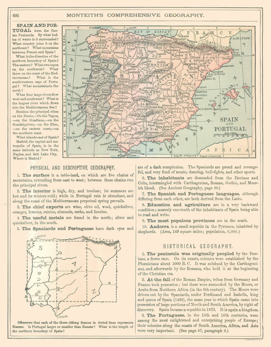 Historic Map - Spain Portugal - Monteith 1882 - 23 x 29.45 - Vintage Wall Art