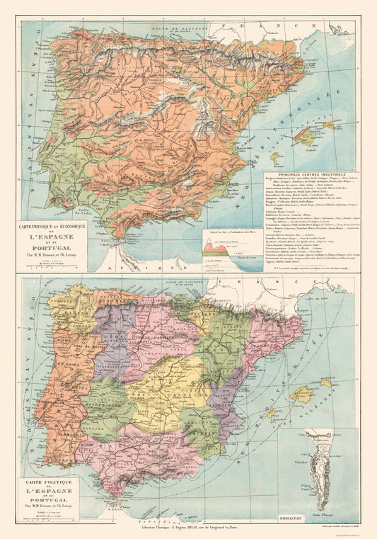 Historic Map - Spain Portugal - Drioux 1882 - 23 x 32.83 - Vintage Wall Art